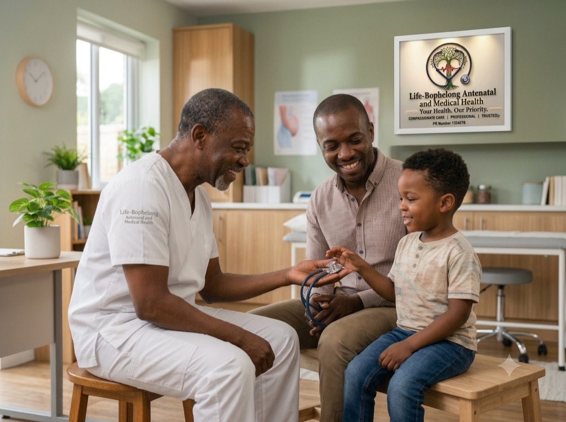 A senior clinician lets a young boy listen through his stethoscope while the boy's father looks on