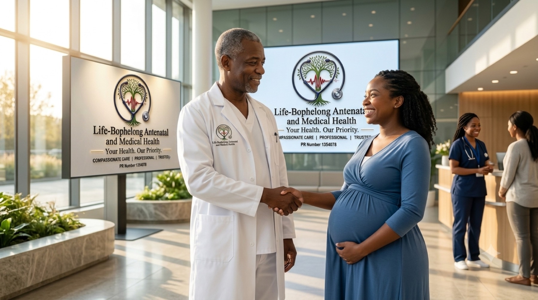 A doctor welcomes a smiling expectant mother with a handshake in the clinic's bright reception lobby